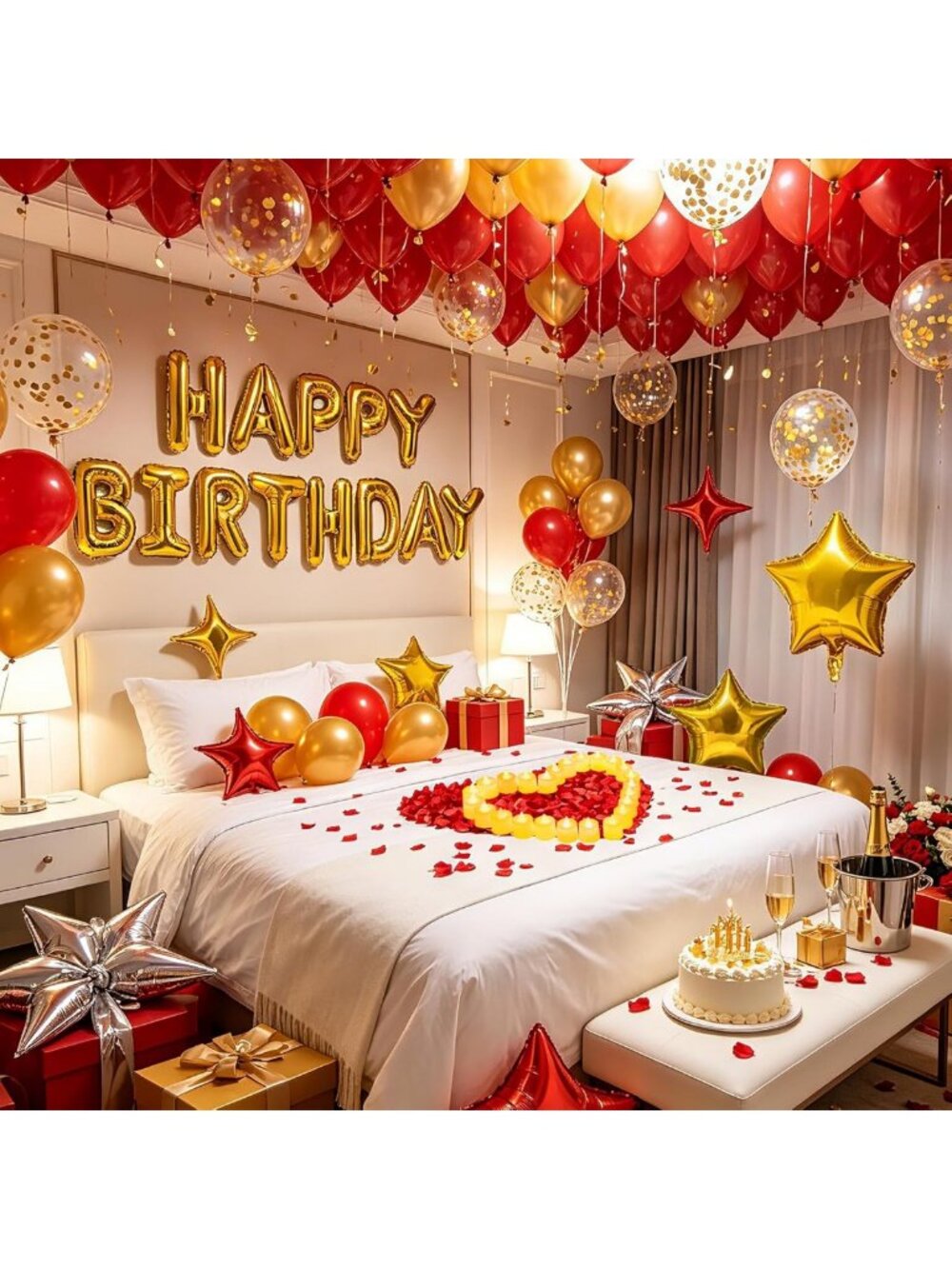 Gold & Red Birthday Balloon Decorations Set with Star Balloons & LED Candles